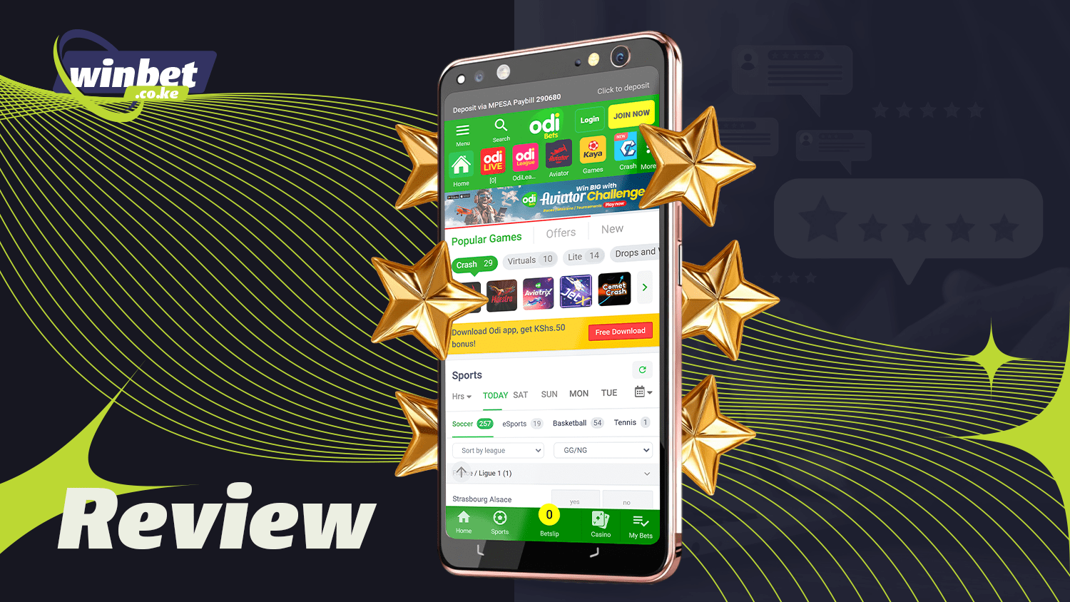 Odibets app with multiple betting categories and casino games