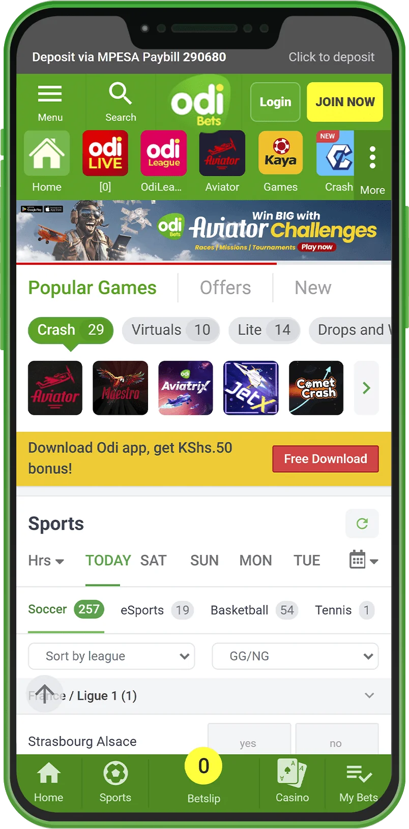 Odibets Kenya app home page