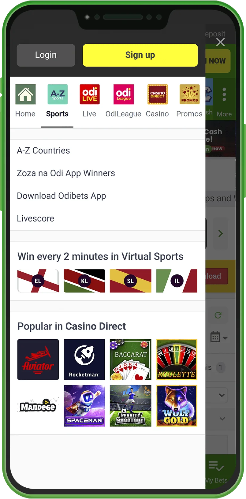 Main menu of the Odibets app in Kenya