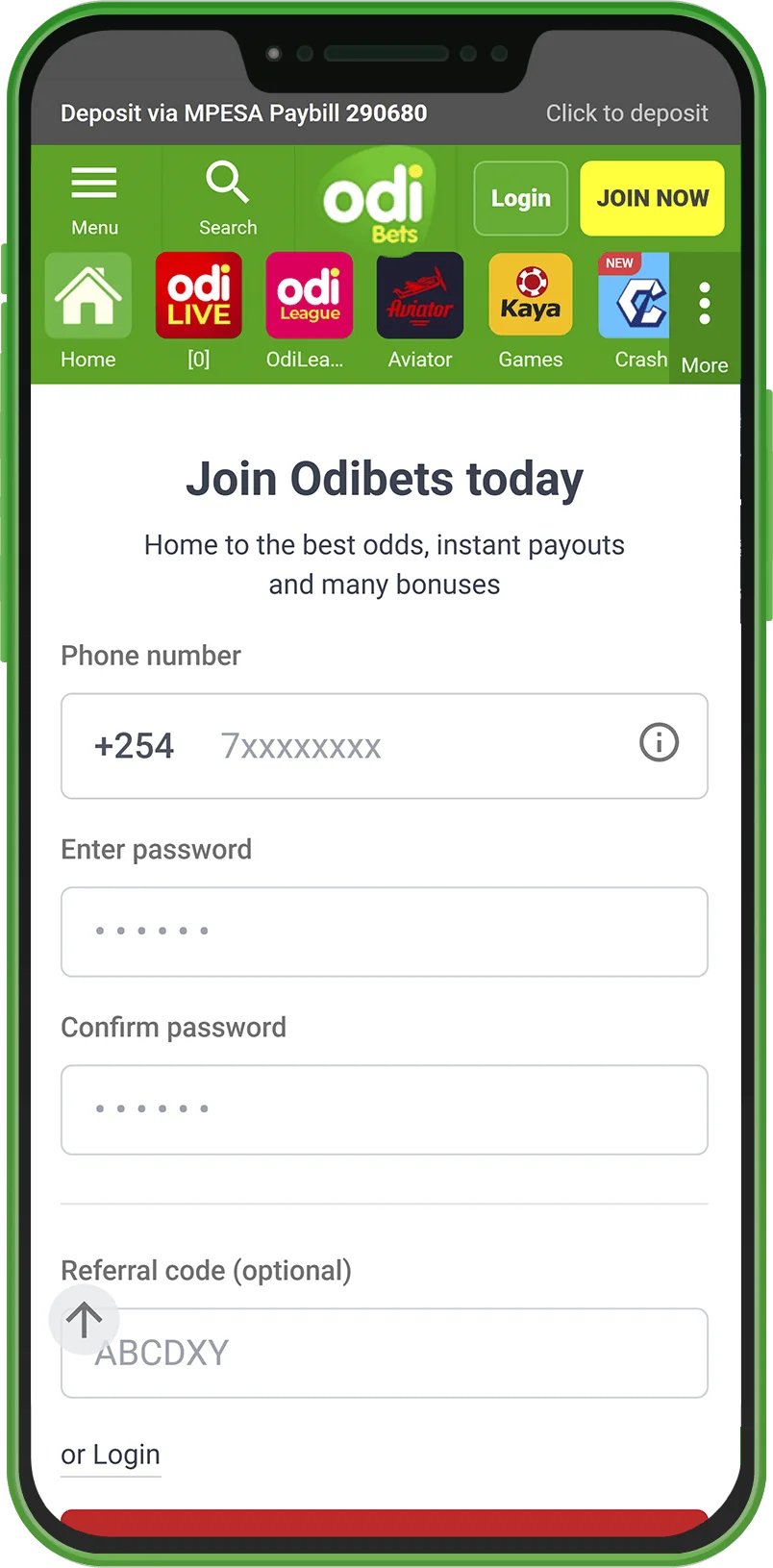 Registering for the Odibets app in Kenya