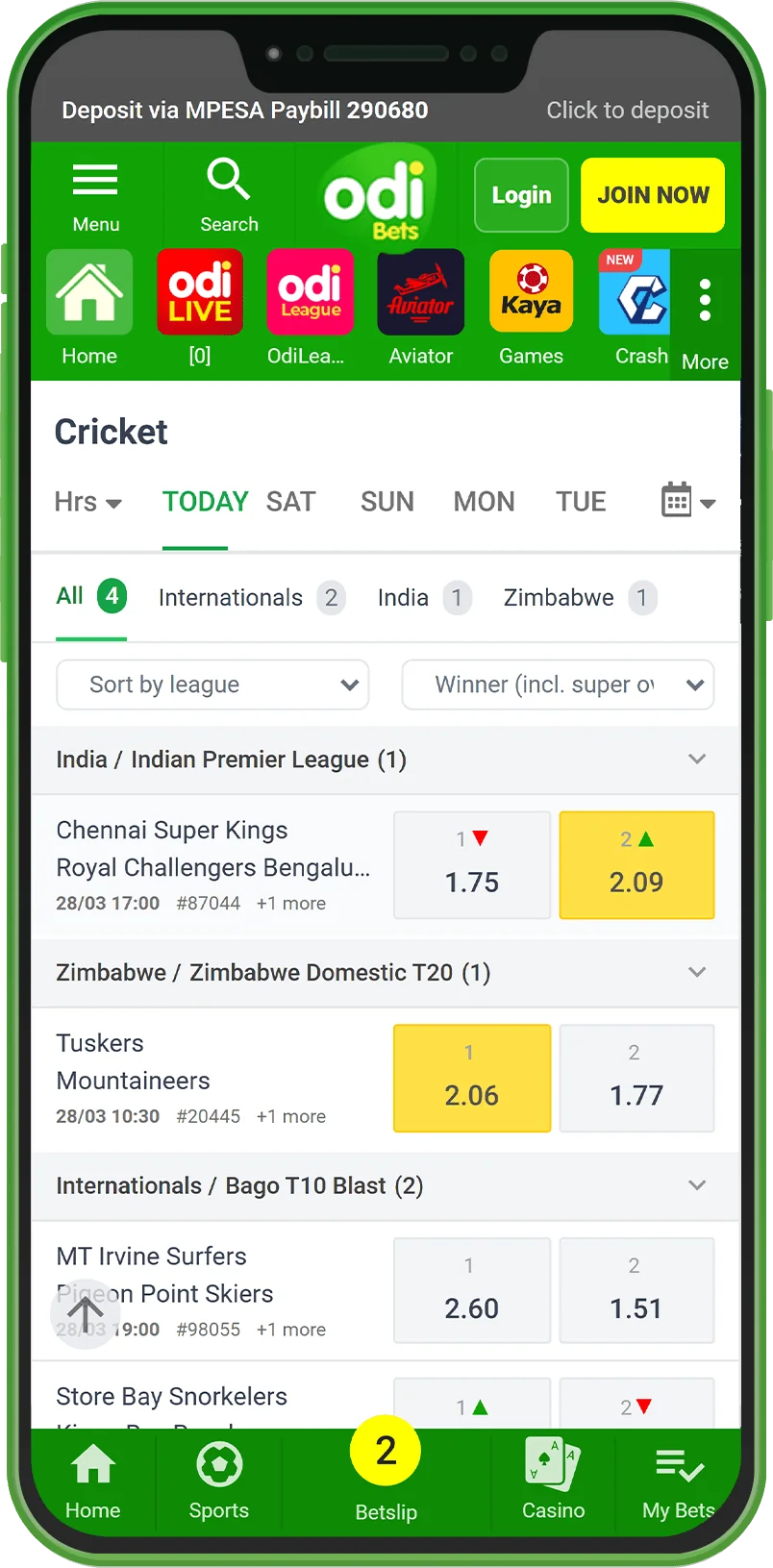 Betting on sports on the Odibets app in Kenya