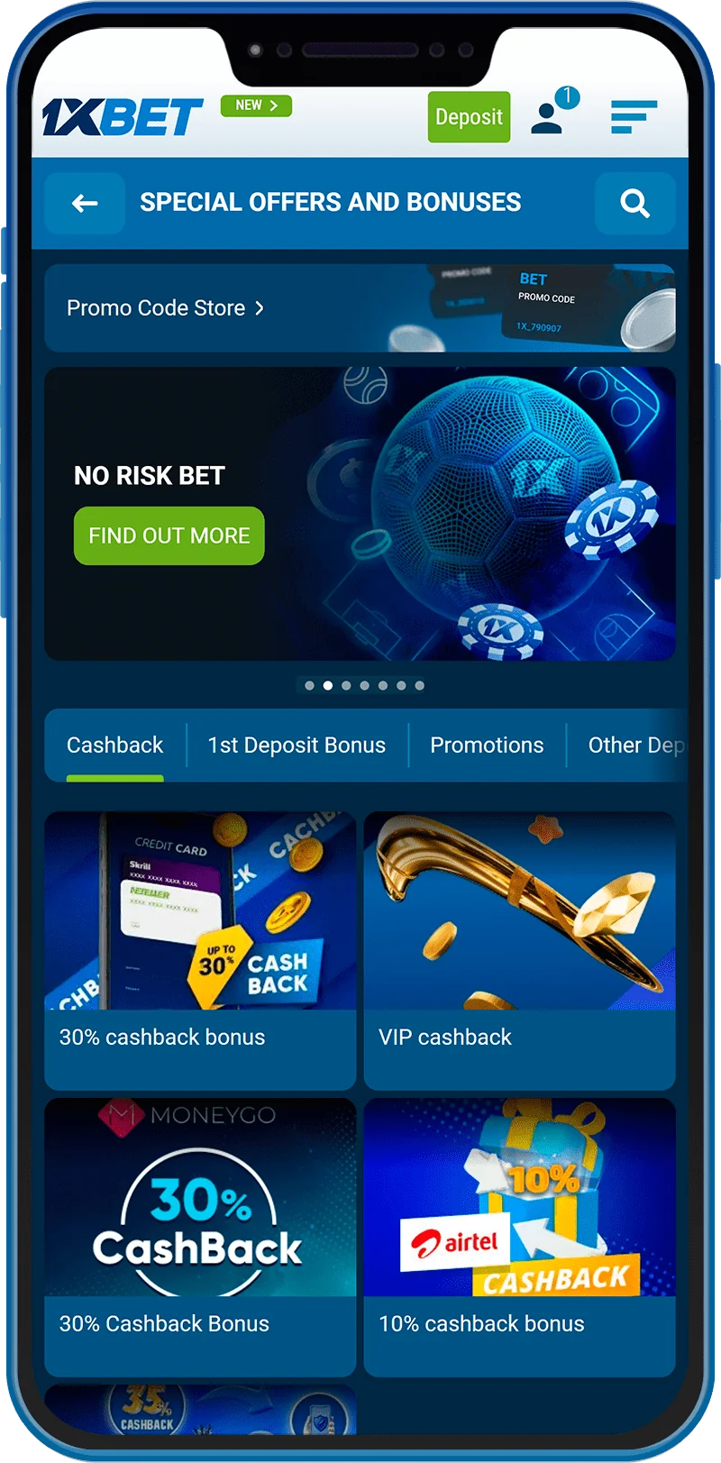 Promotions and bonuses section of the 1xBet mobile app in Kenya