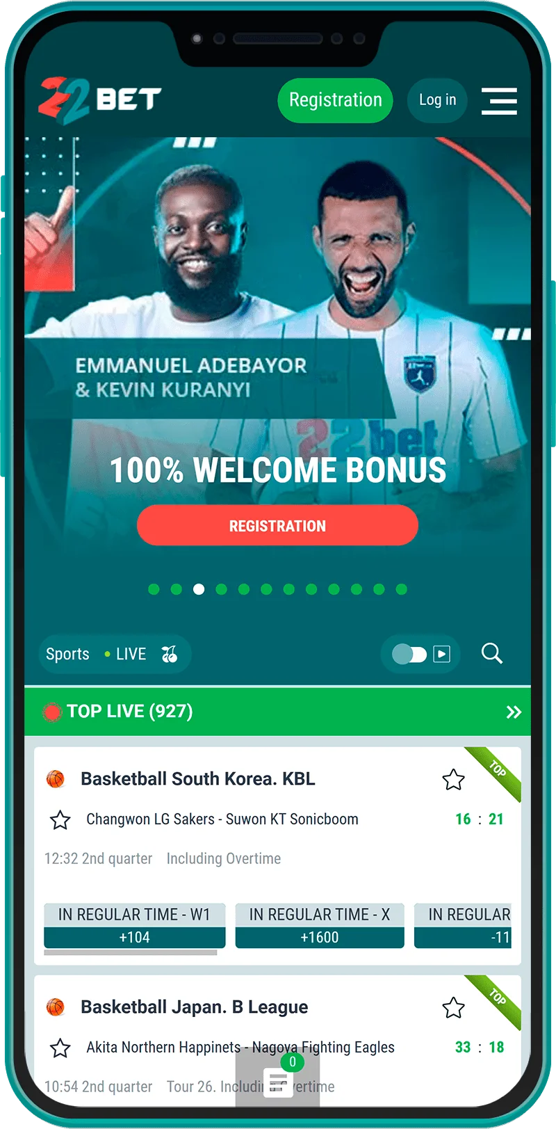 22Bet Kenya app home page