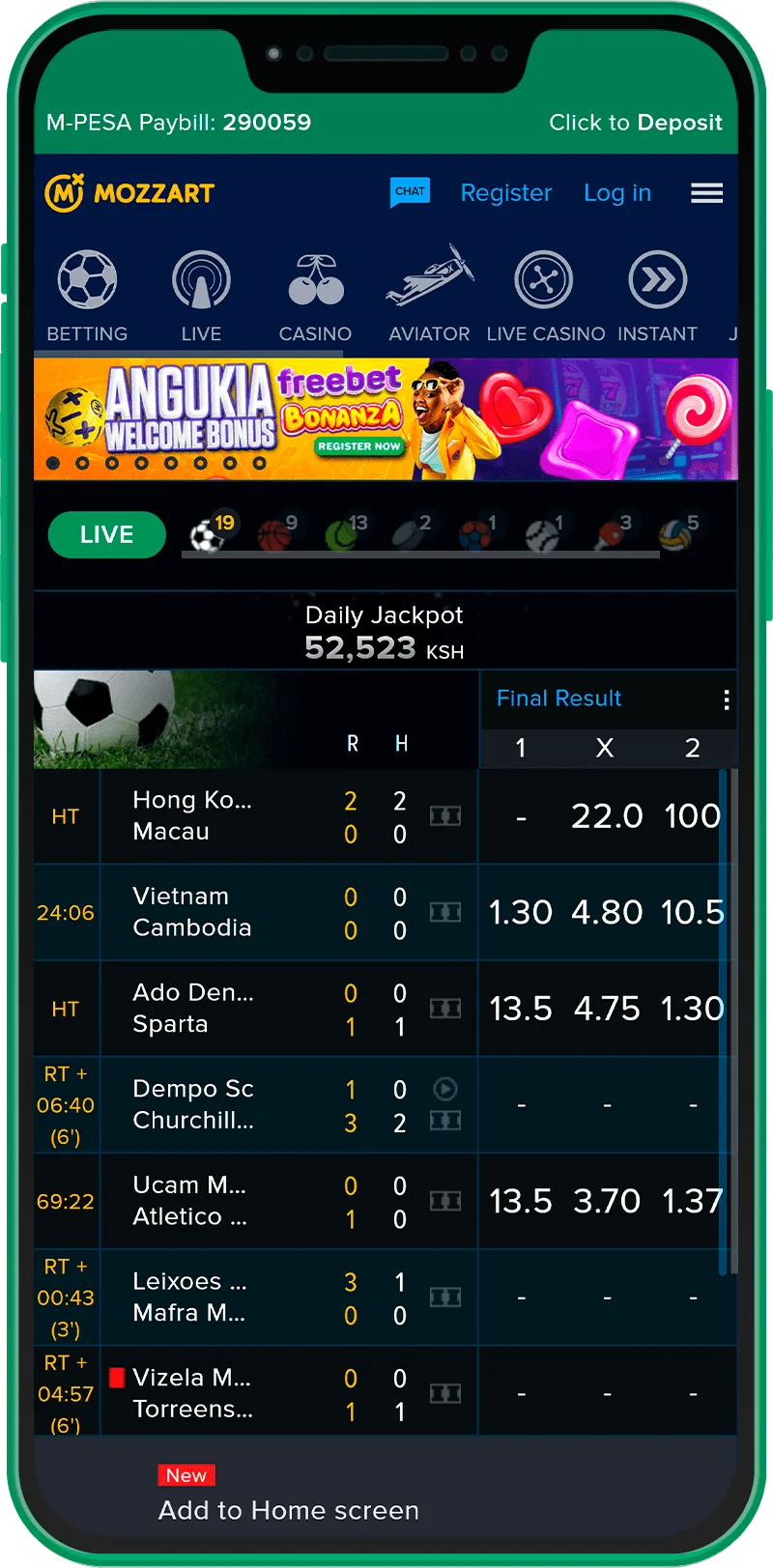 Mozzartbet Kenya app home page