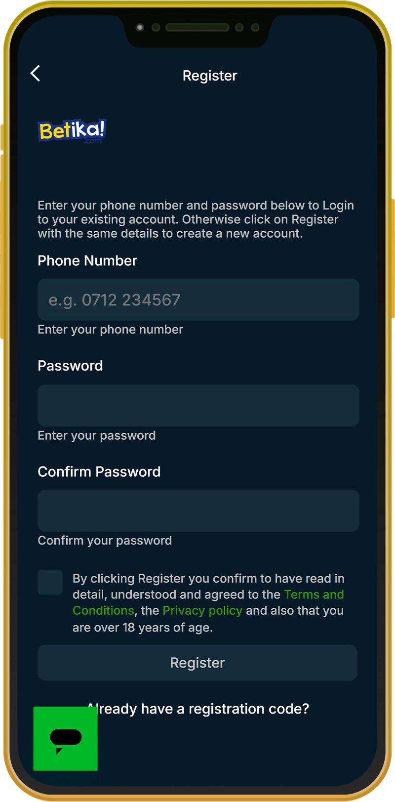 Registering for the Betika app in Kenya