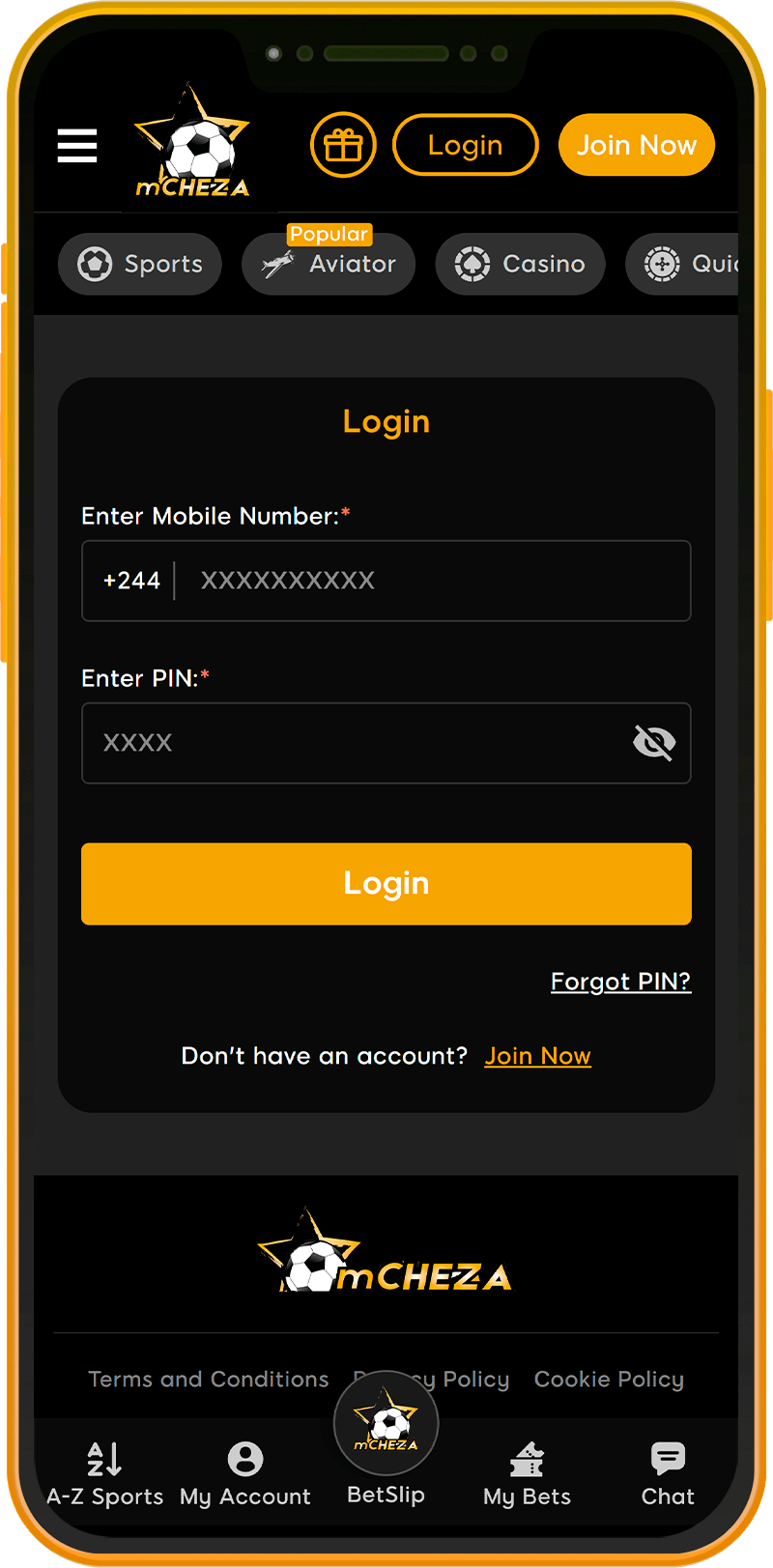 Login for the mCHEZA app in Kenya