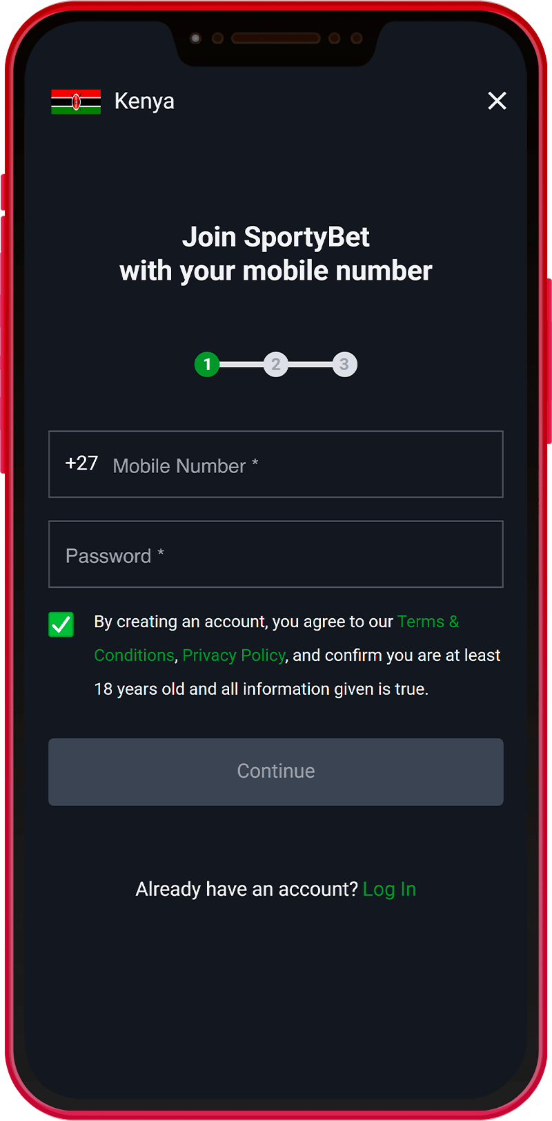 Registering for the SportyBet app in Kenya