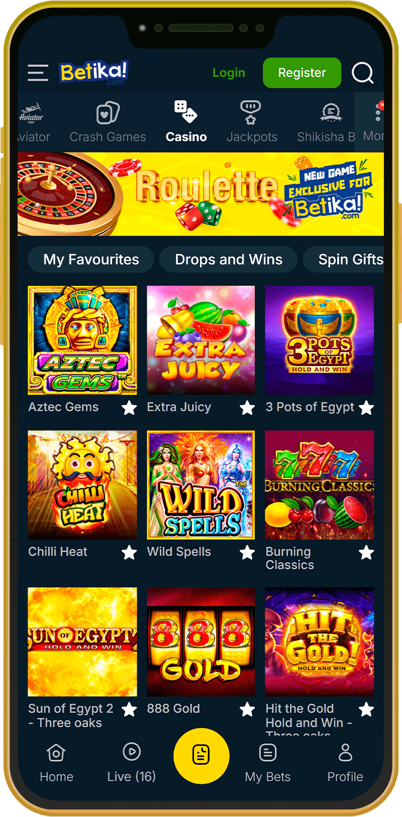 Casino section of the Betika mobile app in Kenya