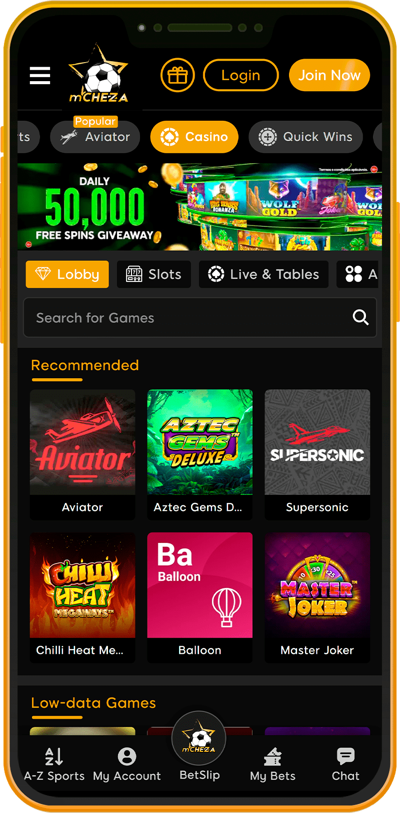 Casino section of the mCHEZA mobile app in Kenya