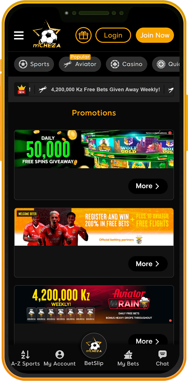 Promotions and bonuses section of the mCHEZA mobile app in Kenya