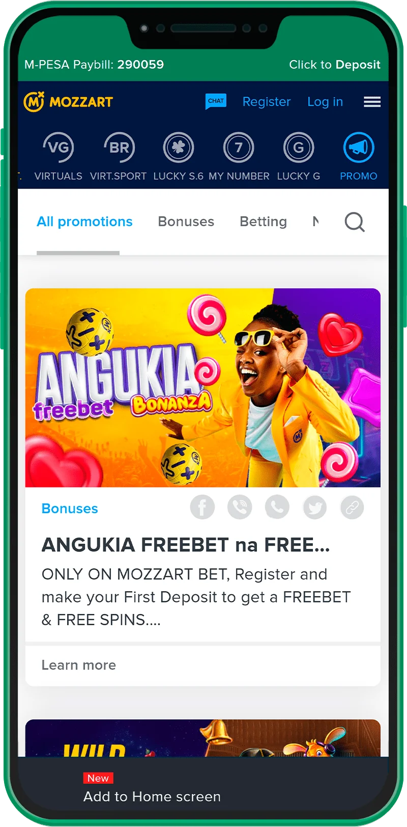 Promotions and bonuses section of the Mozzartbet mobile app in Kenya