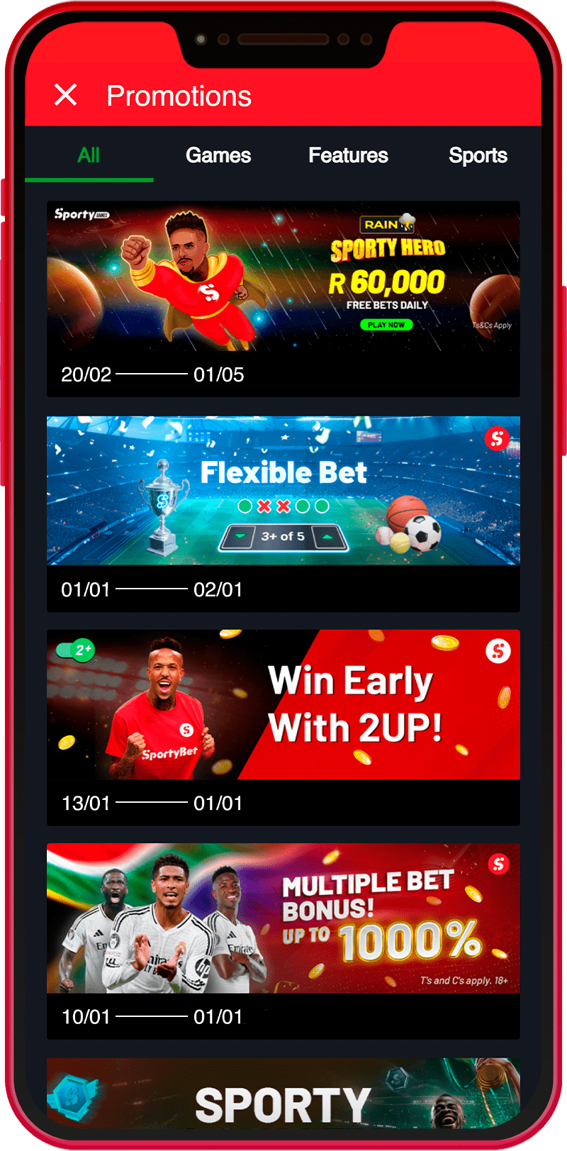 Promotions and bonuses section of the SportyBet mobile app in Kenya