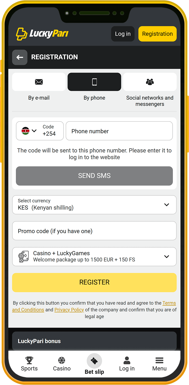 Registration in the mobile application LuckyPari