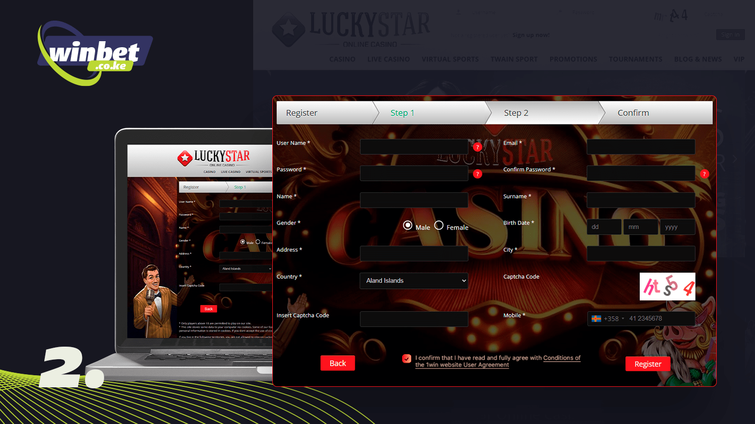 Fill in the fields to register with Lucky Star