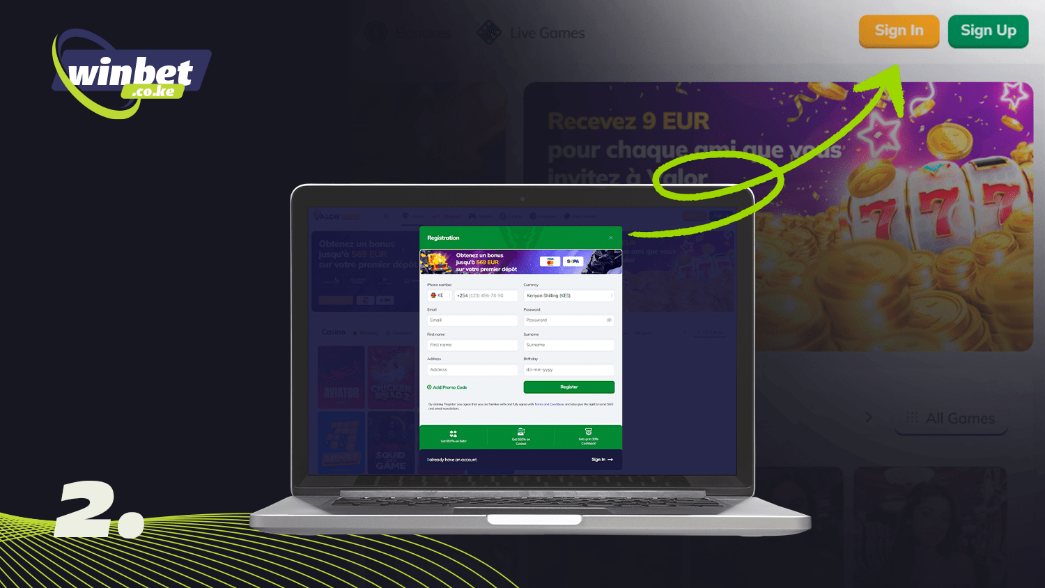 Click the button to start registration in Valor Casino