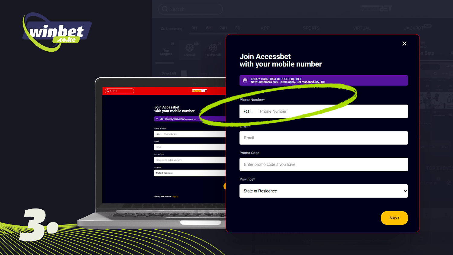 Fill in the fields to register with Accessbet