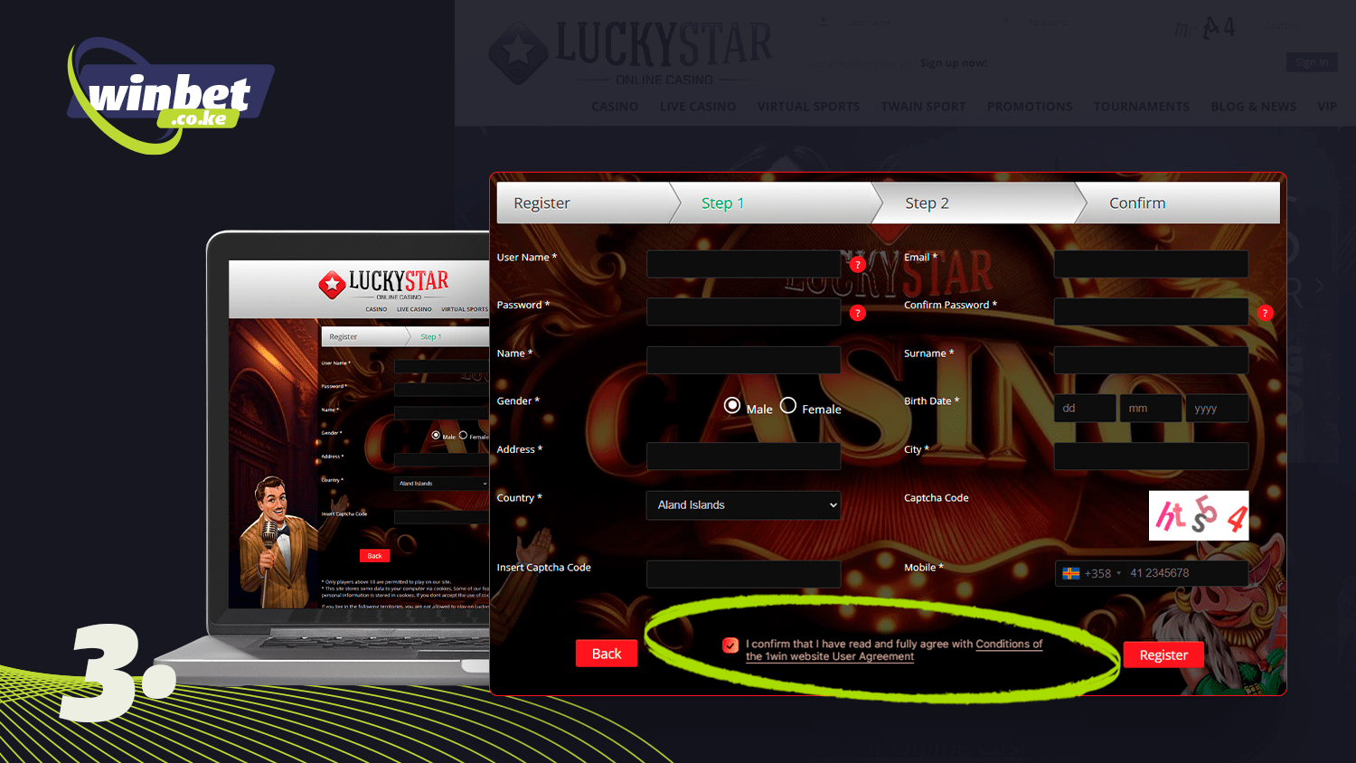 To register with Lucky Star, agree to the terms and conditions