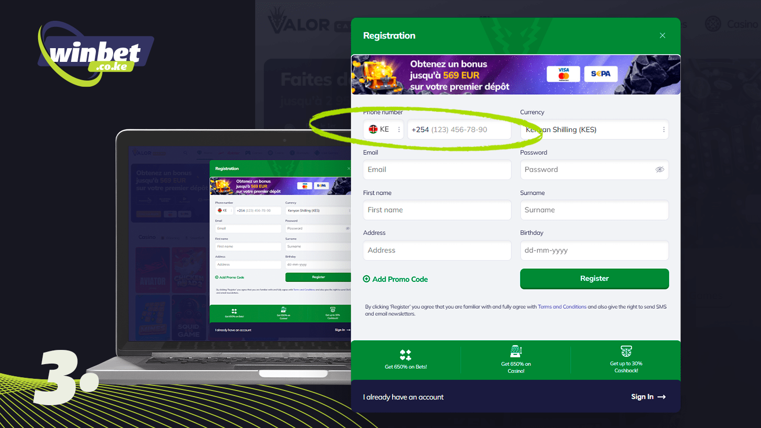 Fill in the fields to register with Valor Casino