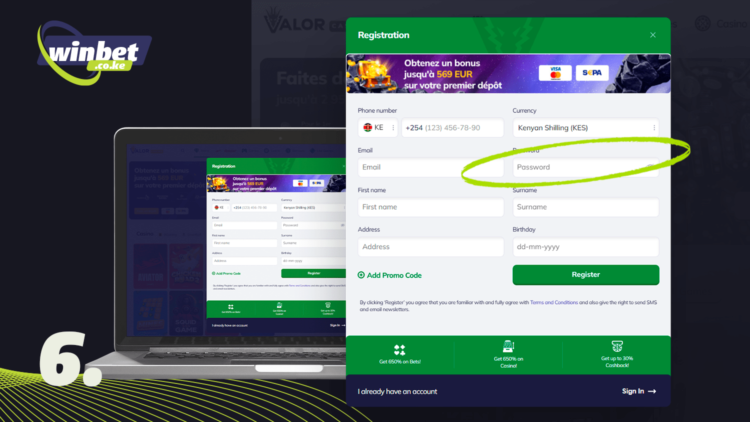 Fill in the fields to register with Valor Casino
