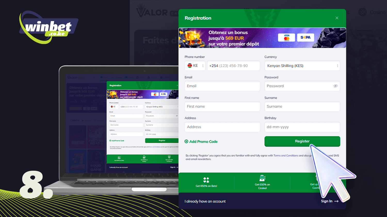 To register in Valor Casino you need to click on the button