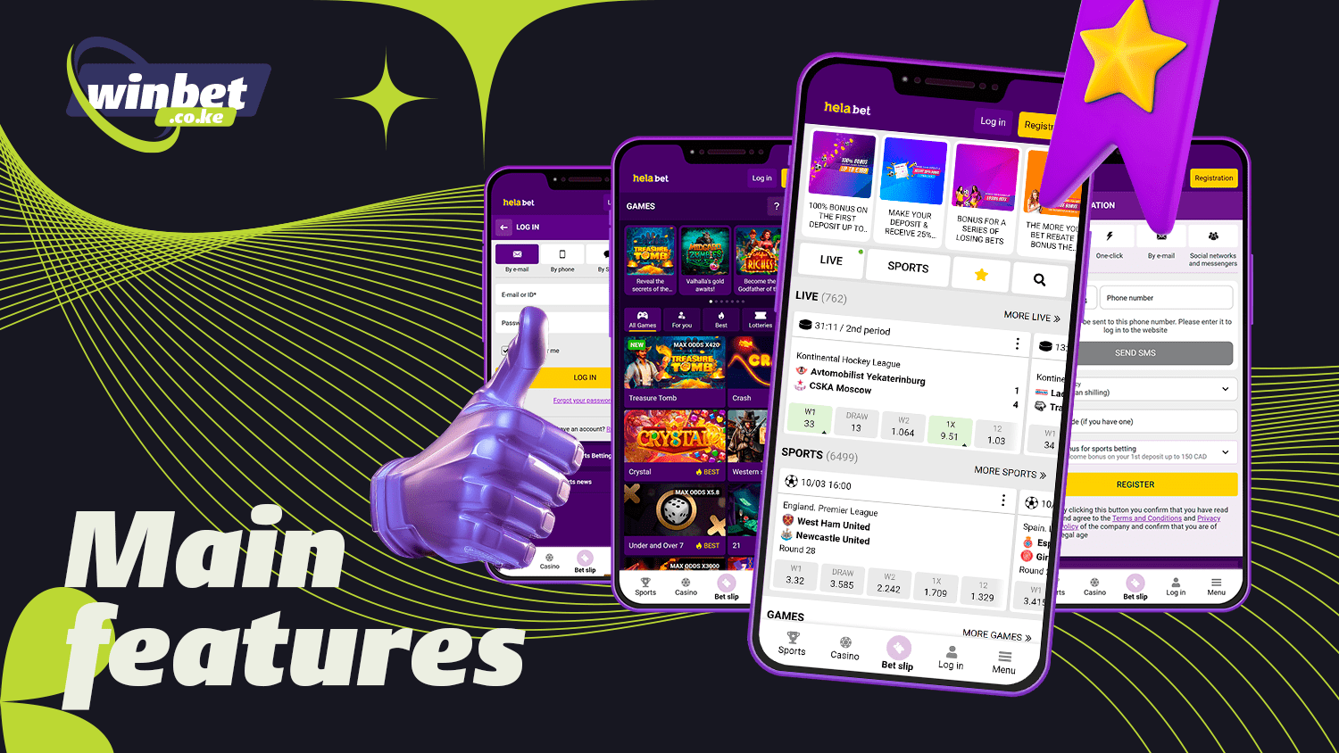 Helabet app with multiple betting categories and casino games