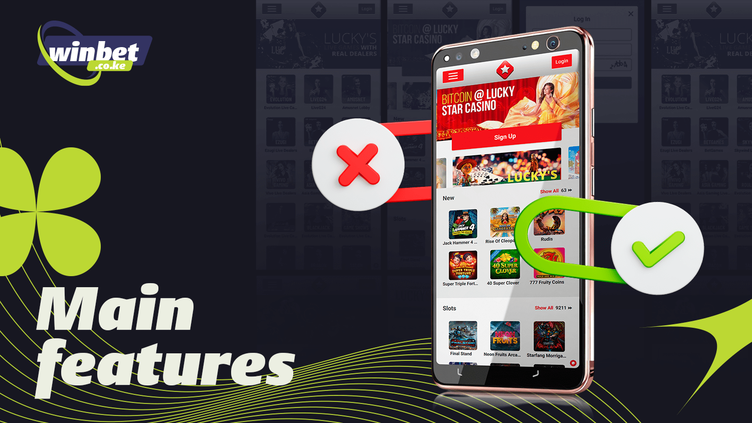 Lucky Star app with multiple betting categories and casino games