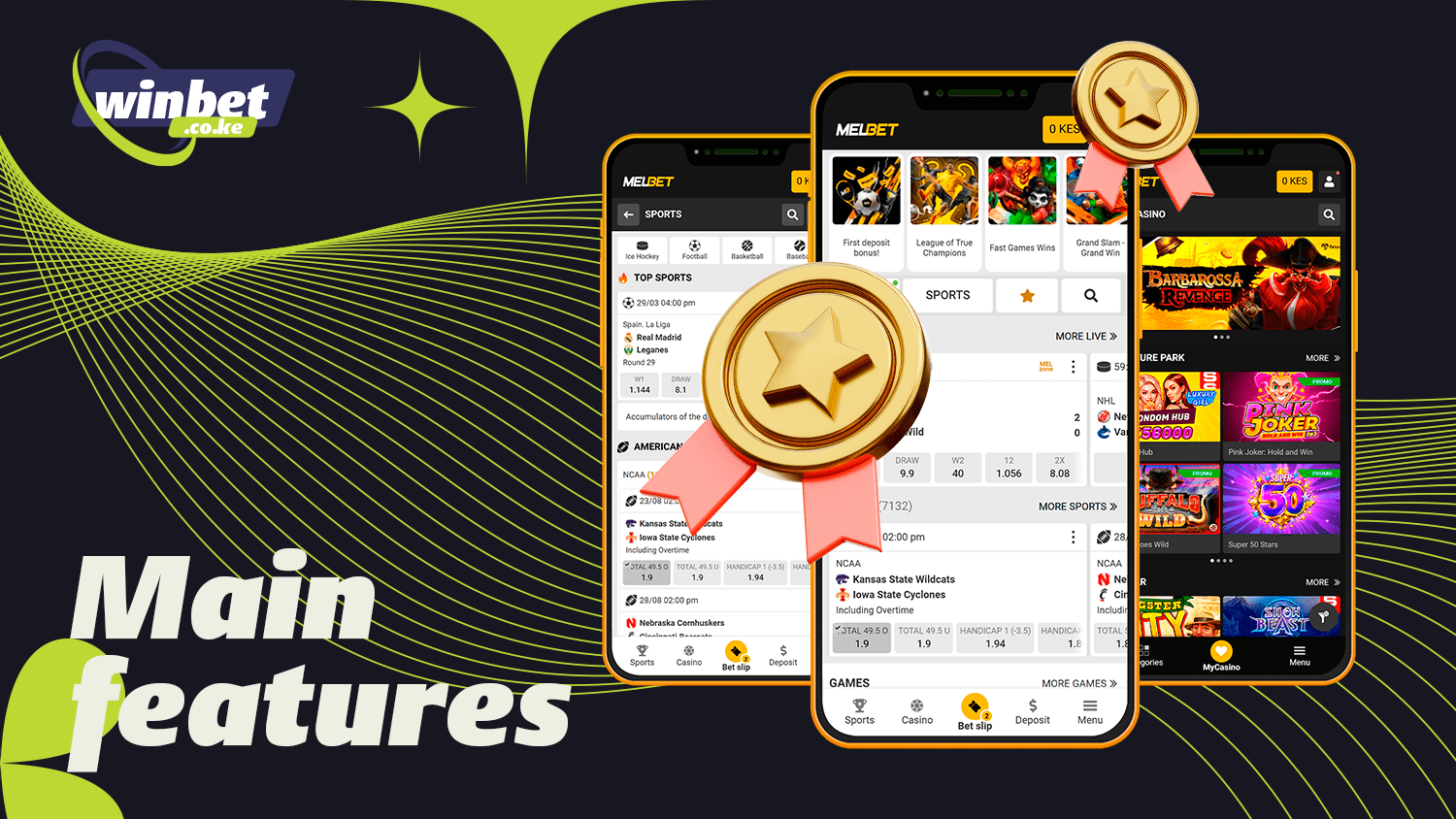 Melbet app with multiple betting categories and casino games