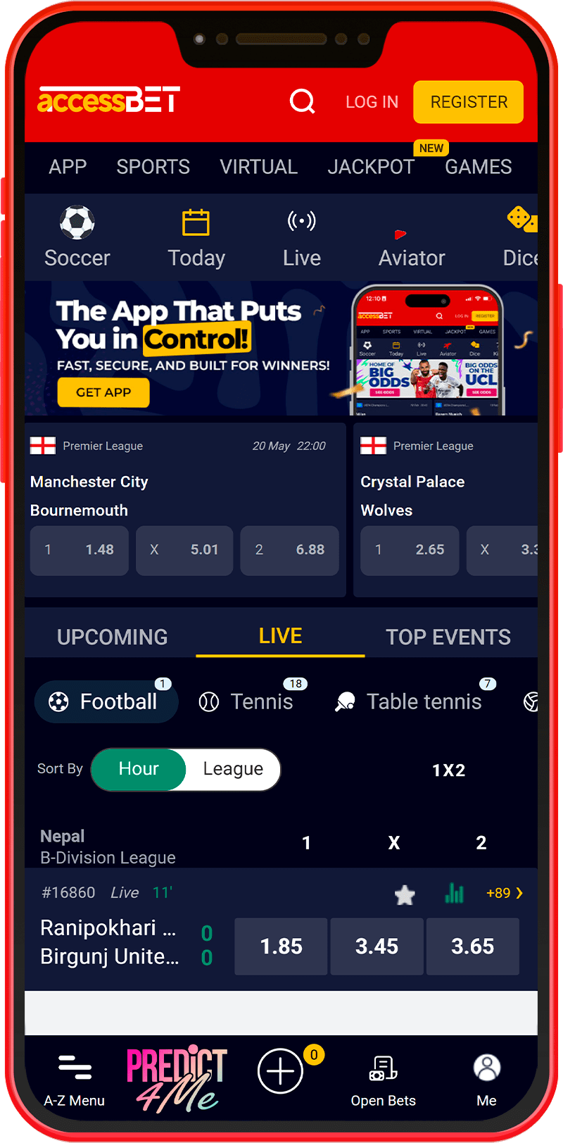 Accessbet Kenya app home page