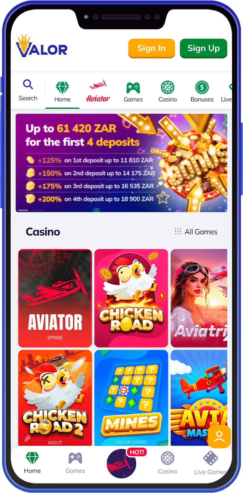 The main page of the Valor casino application