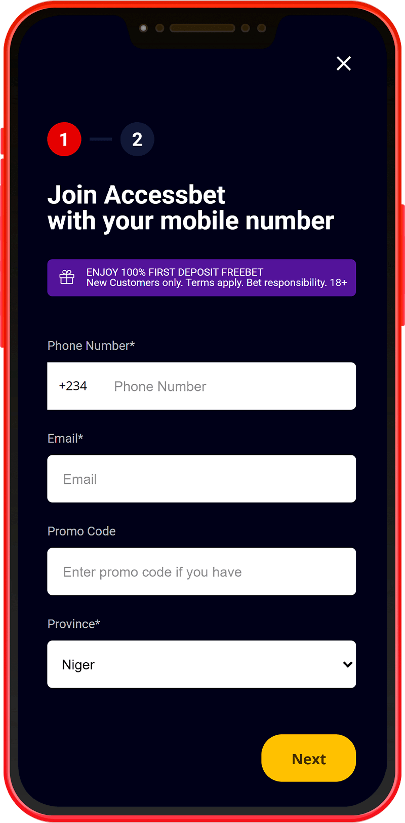 Registration in the mobile application Accessbet