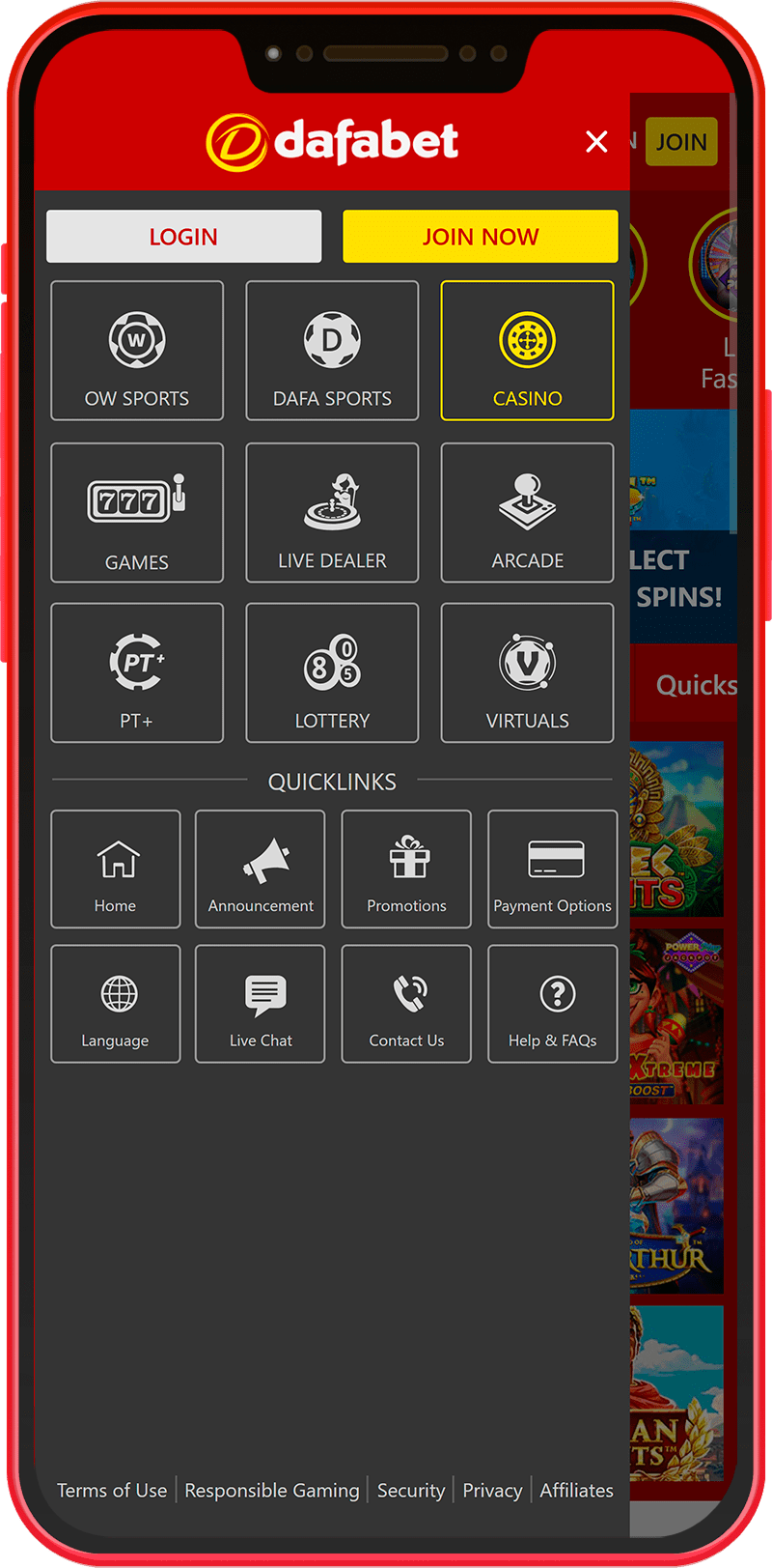 Main menu of the Dafabet app in Kenya