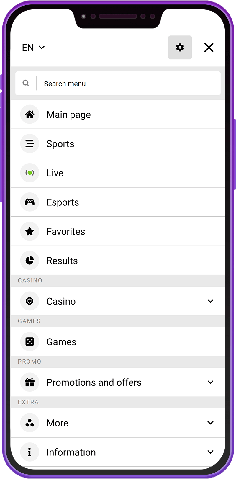 Main menu of the Helabet app in Kenya
