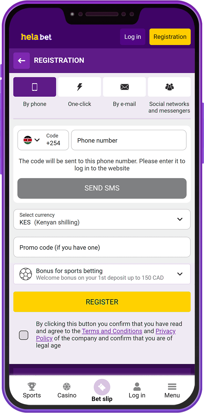 Registration in the mobile application Helabet