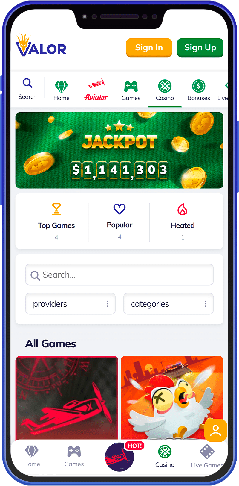 Casino section in the Valor casino app