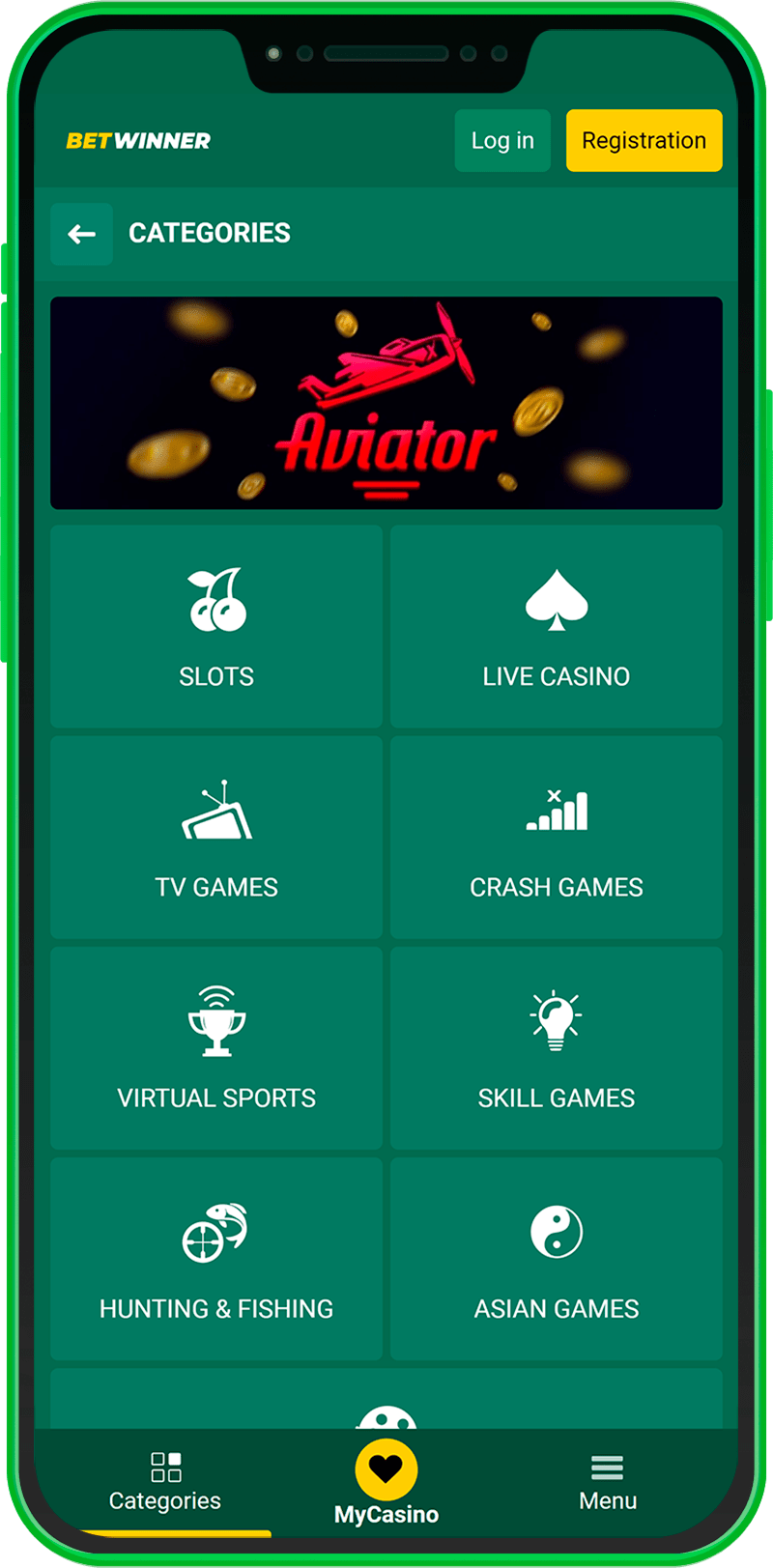 Casino Categories section in the Betwinner mobile app