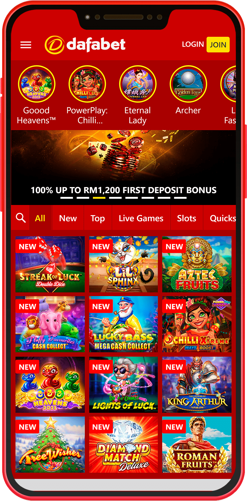 Gambling section in the Dafabet app