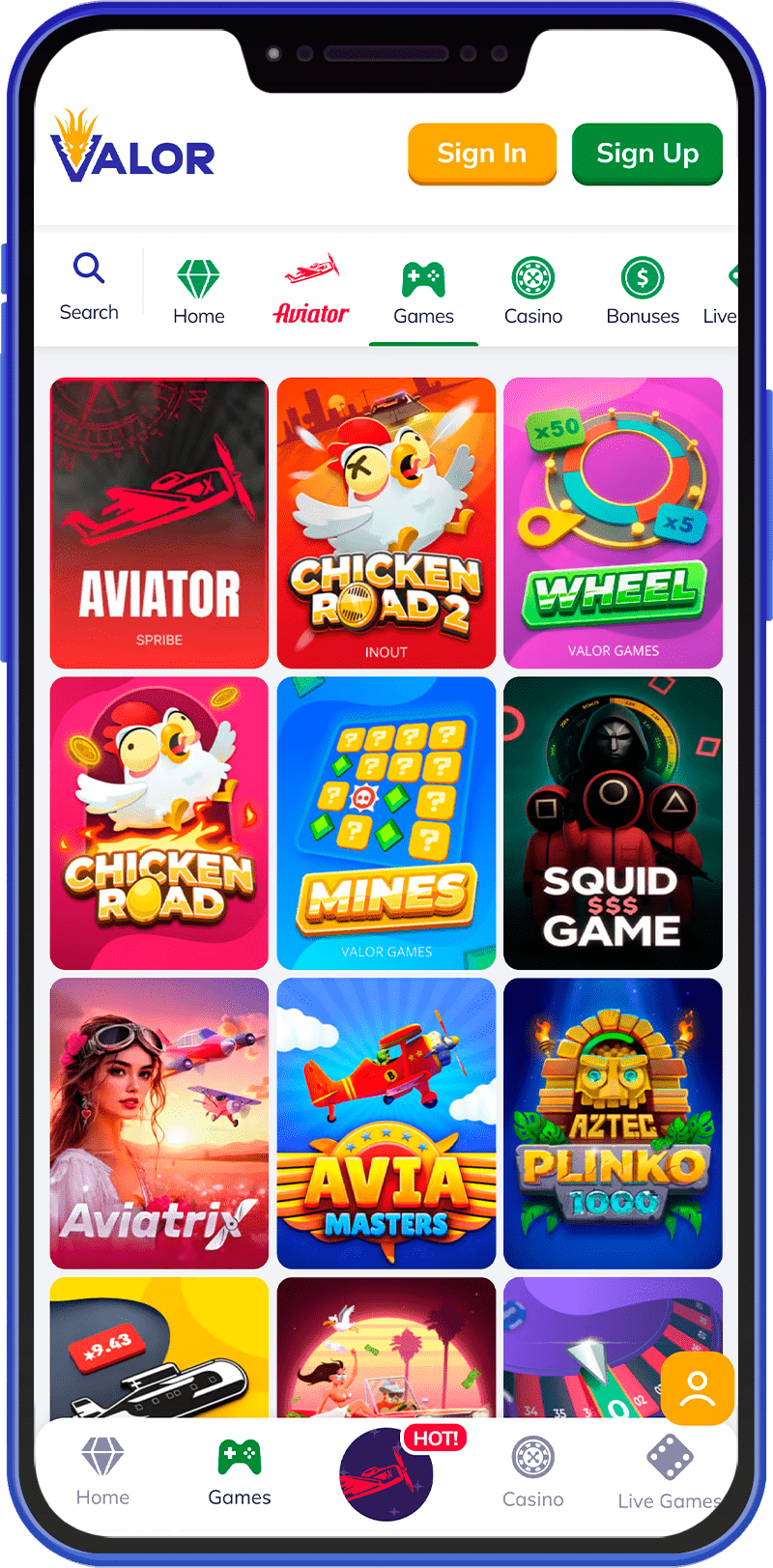 Gambling section in the Valor casino app