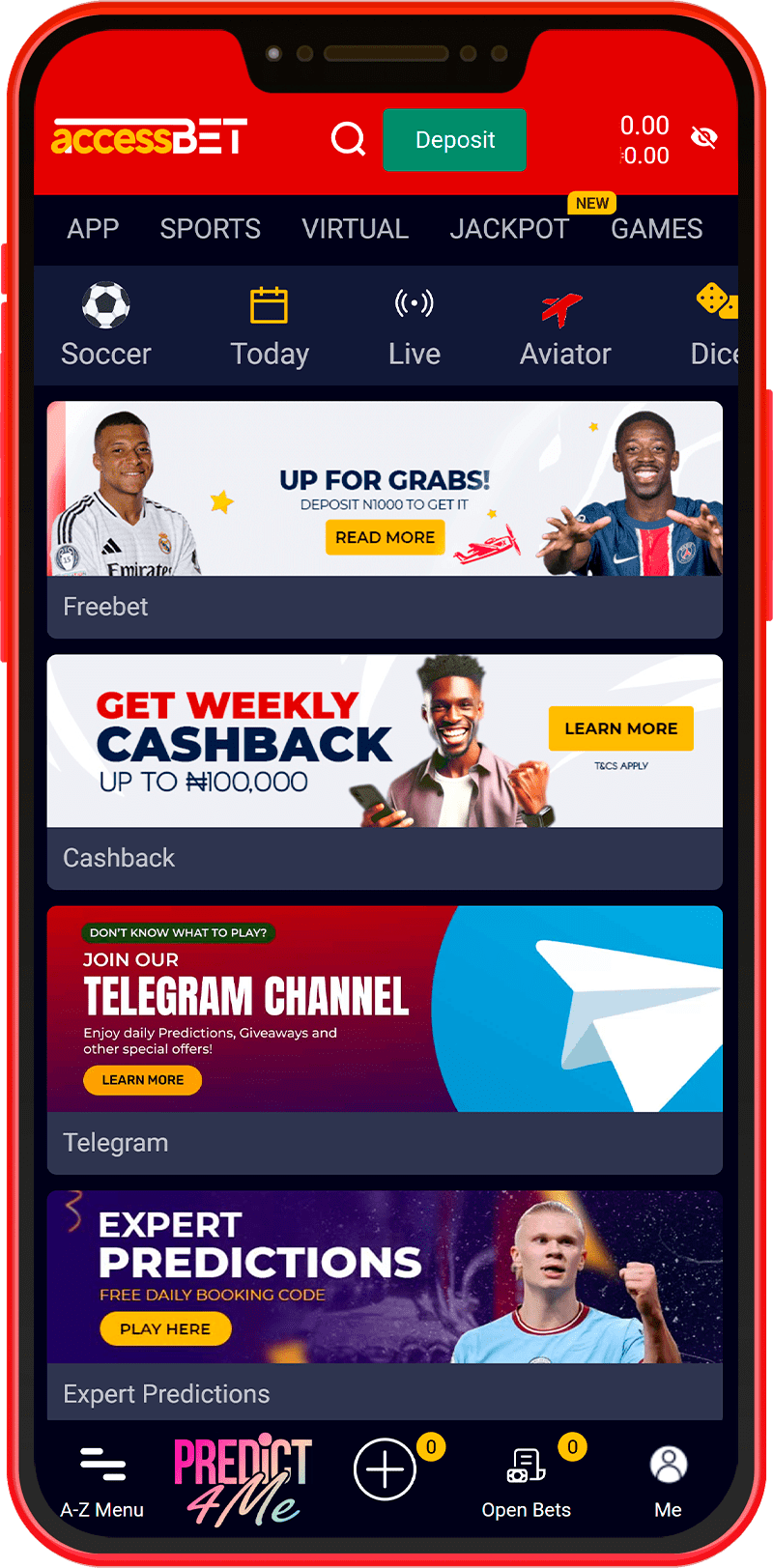 Promotions and bonuses section of the Accessbet mobile app in Kenya