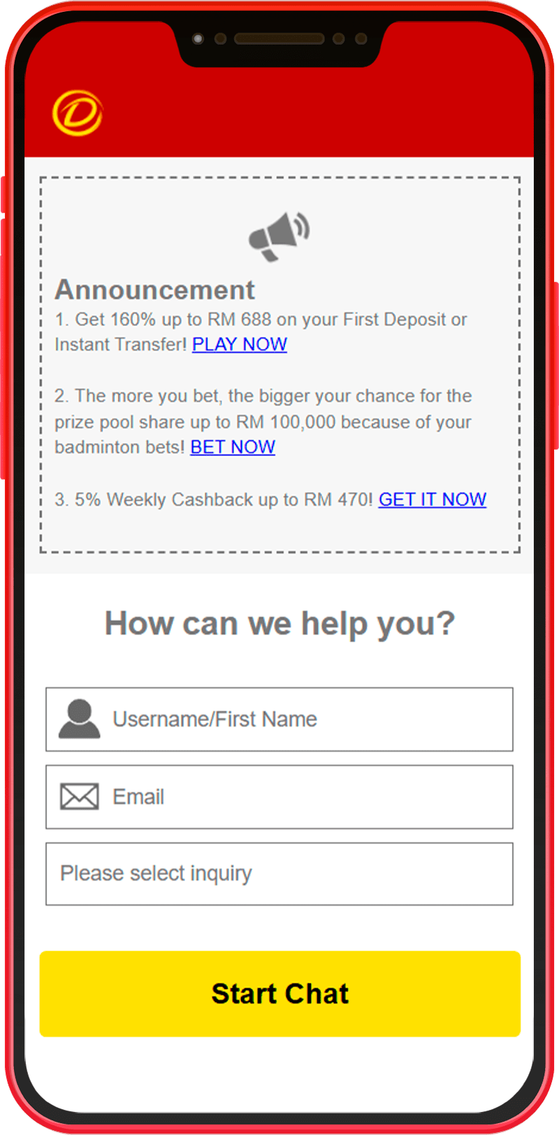 Help chat in the Dafabet mobile app