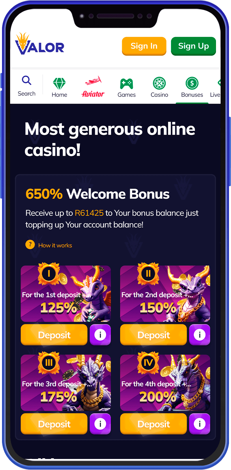 Promotions and bonuses section of the Valor Casino mobile app in Kenya