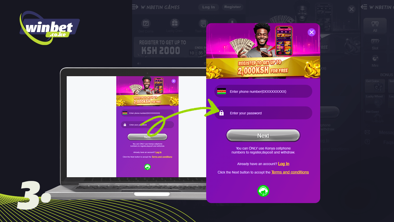 Create a password to register with Winbetin Kenya