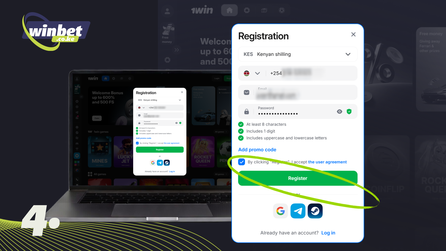 To complete the registration of your 1win account in Kenya, click on the Register button