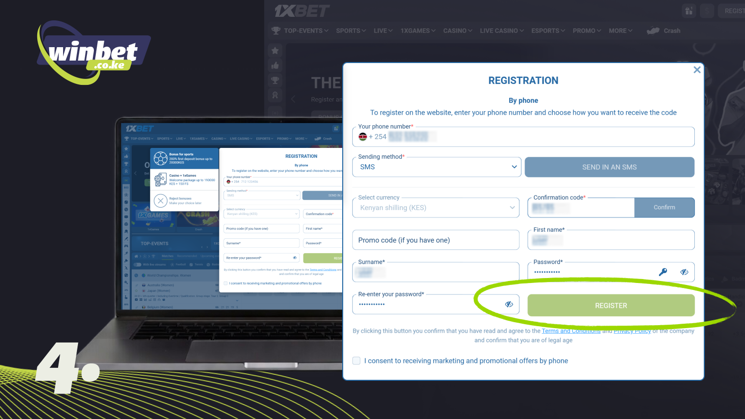 After filling out the form, click on the Register button and create an account on 1xBet Kenya