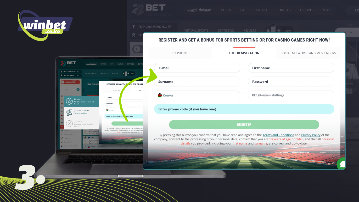Enter your details in the 22Bet registration form