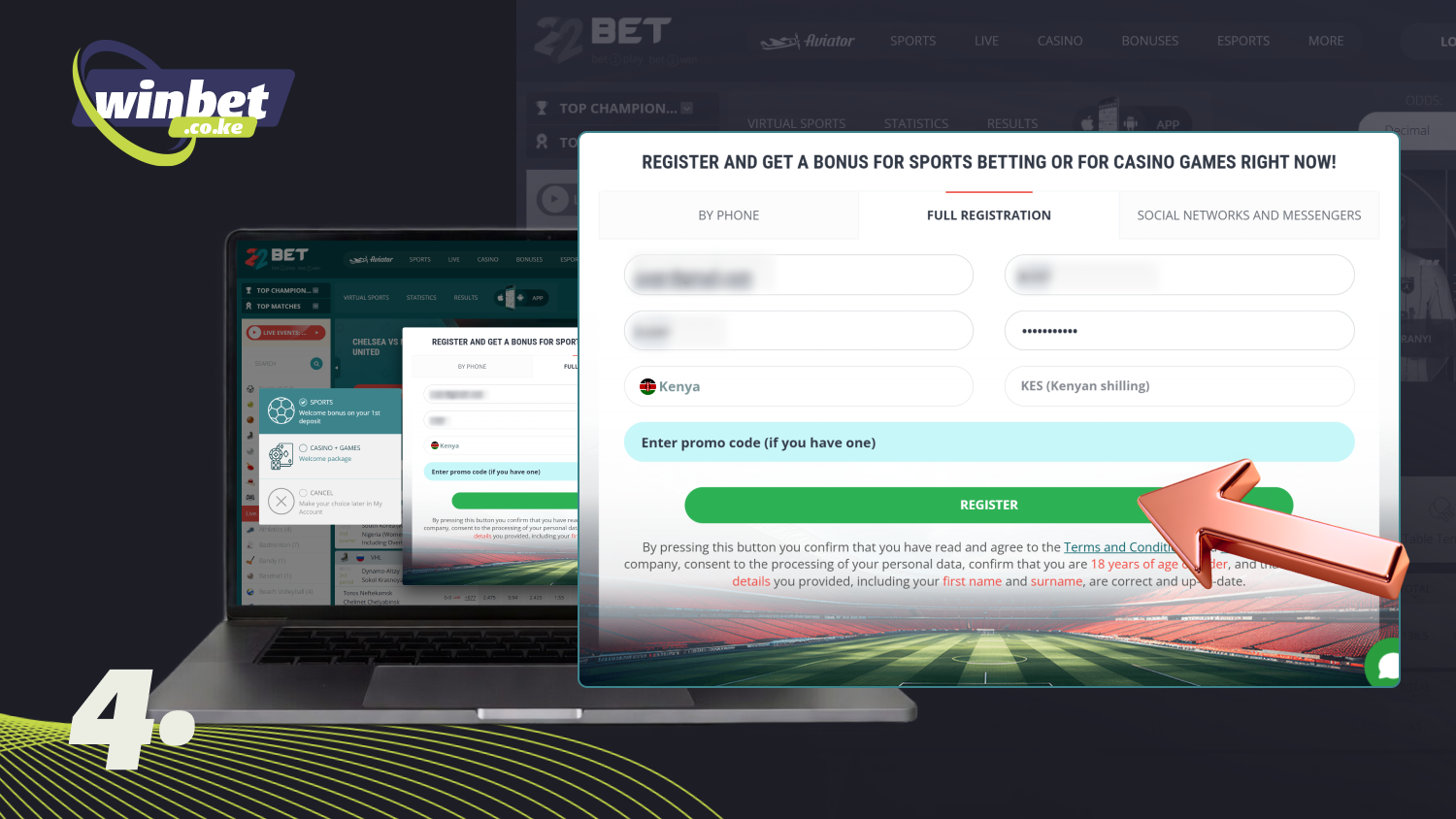 Complete the registration process on 22Bet by clicking on the Register button