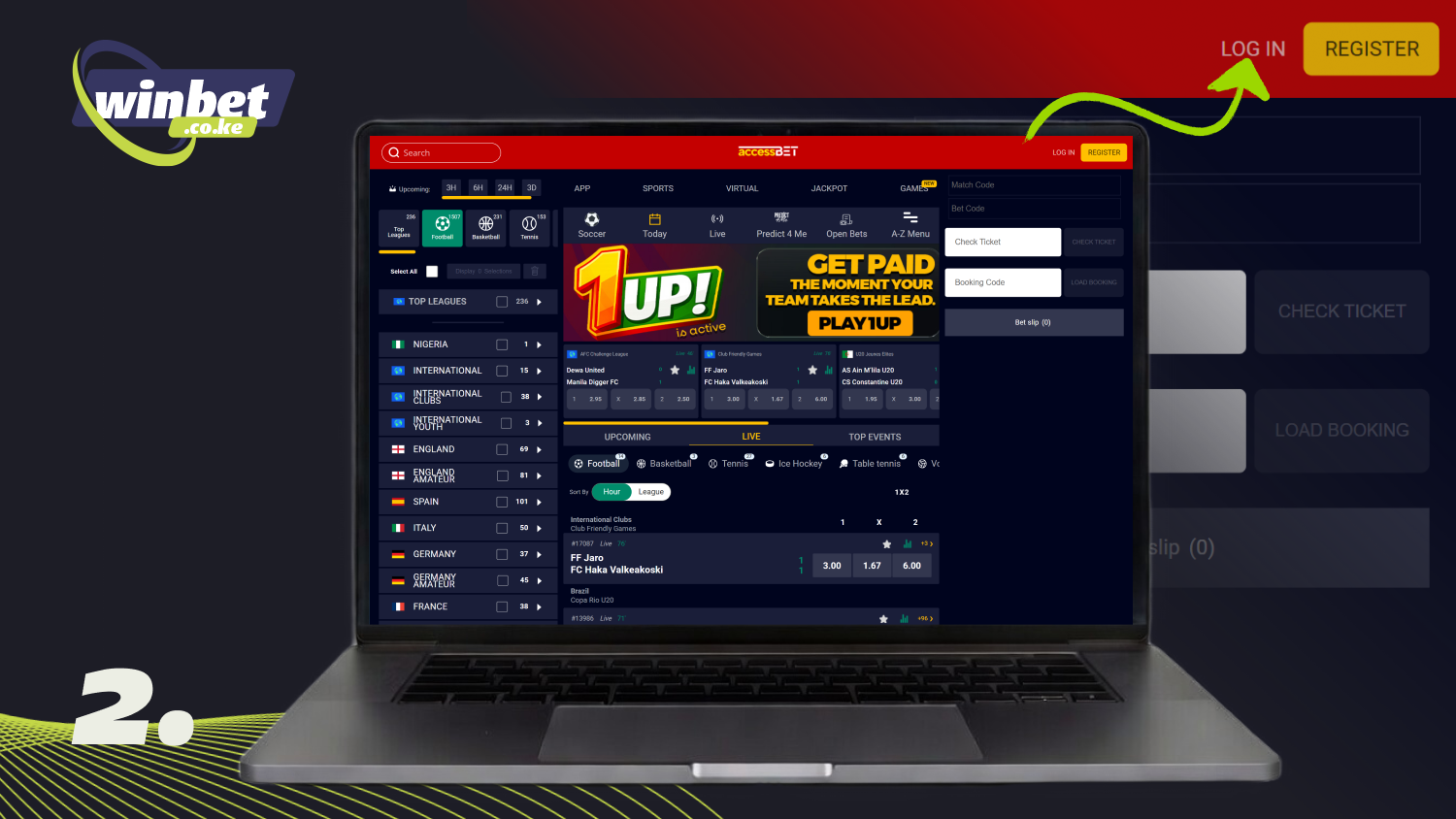 Click on Login in the upper right corner to log in to your Accessbet account