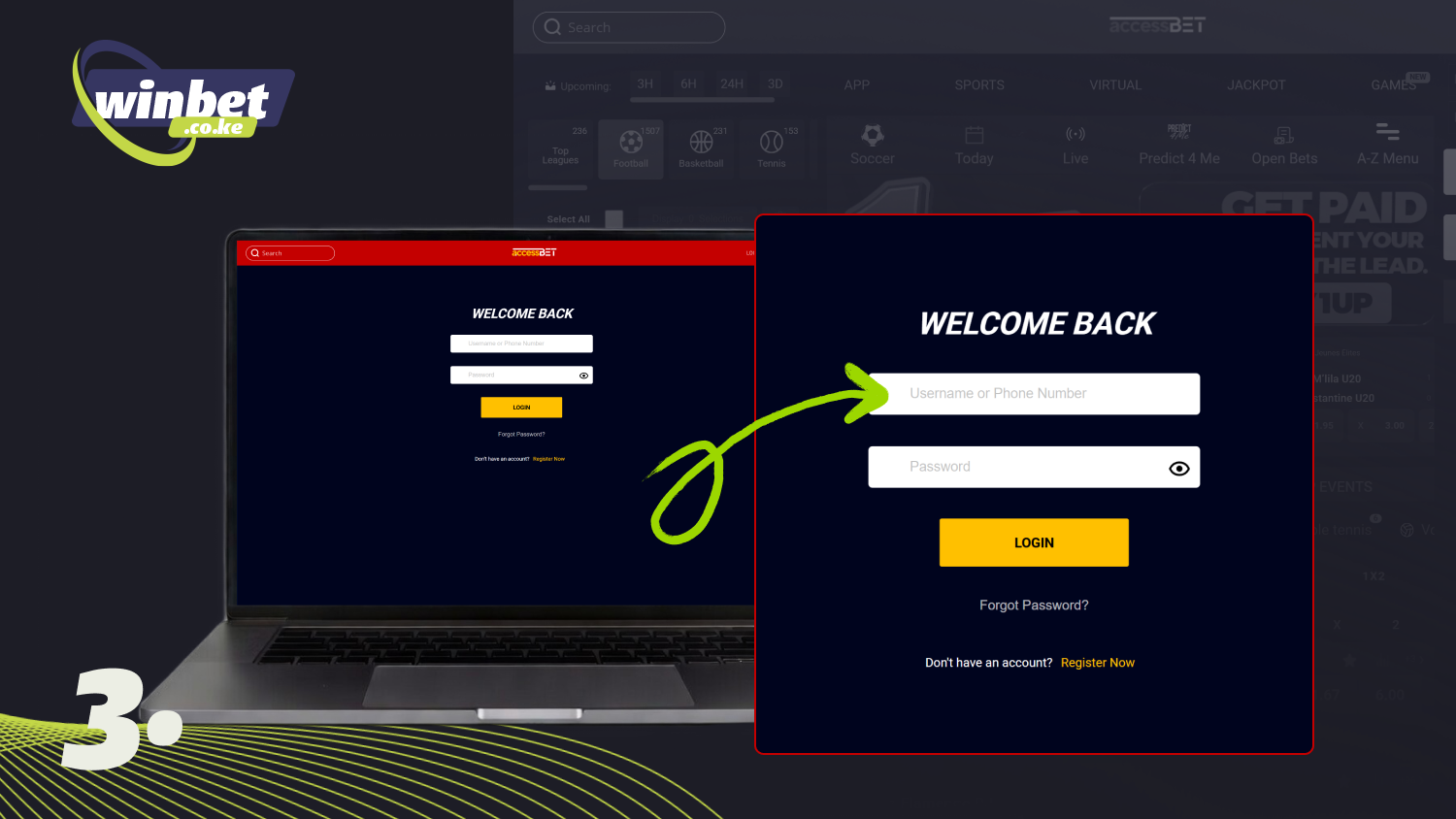 Enter your username or phone number to log in to your Accessbet Kenya account