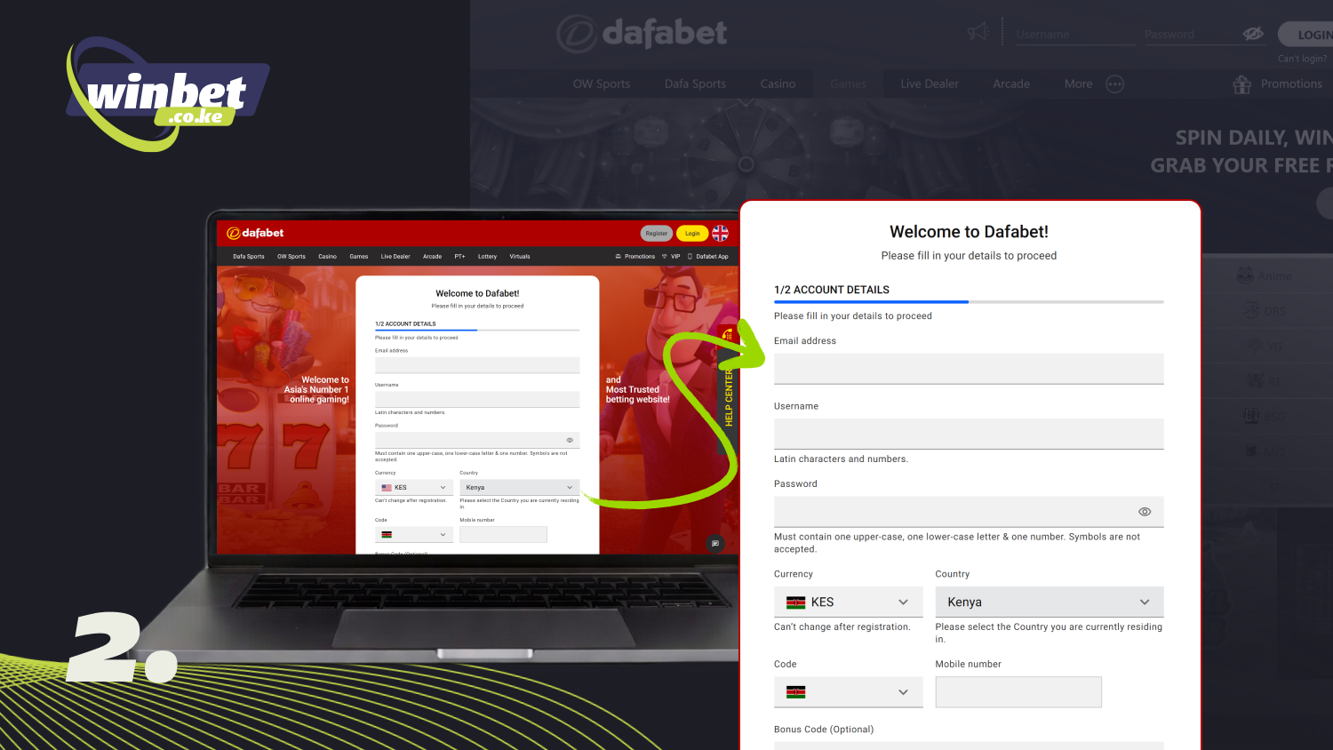 Enter your phone number, email address, and create a password to register with Dafabet