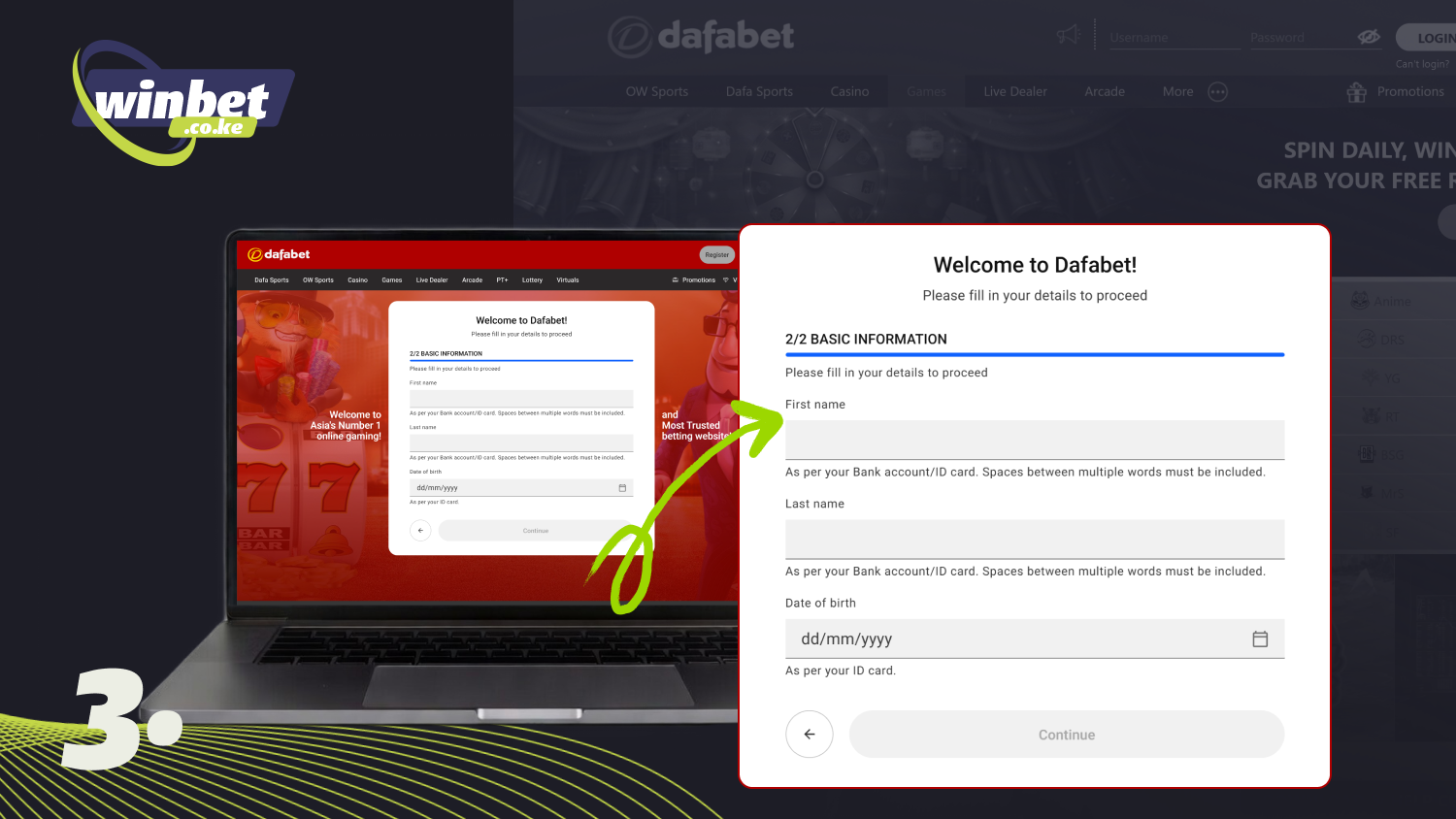 Fill in the remaining fields in the registration form to create an account with Dafabet
