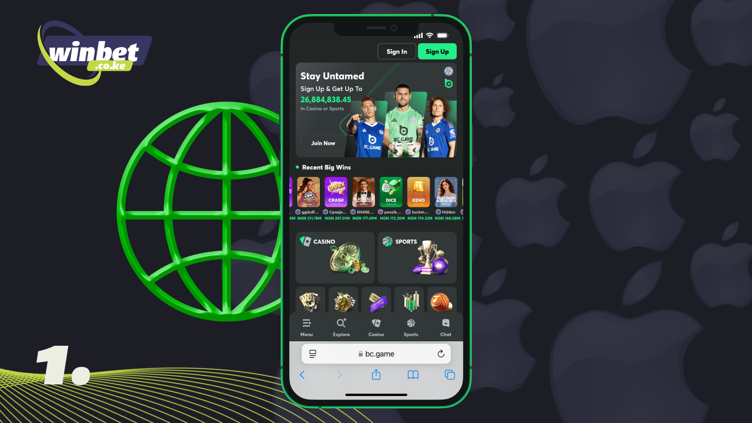 Go to the official BC Games website in Kenya using the Safari browser